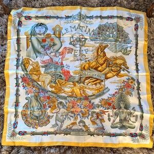 Hermes Silk Scarf with Angelic Motif in Blue and Gold never used